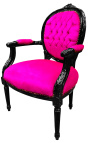 Baroque armchair Louis XVI style medallion rose fushia fabric and black lacquered wood 