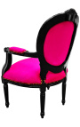 Baroque armchair Louis XVI style medallion rose fushia fabric and black lacquered wood 