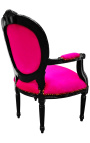 Baroque armchair Louis XVI style medallion rose fushia fabric and black lacquered wood 