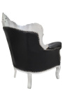 Fauteuil "princier" de style Baroque simili cuir noir et bois argent