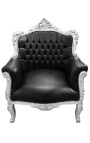 Fauteuil "princier" de style Baroque simili cuir noir et bois argent