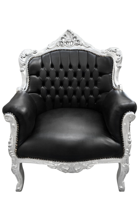 Fauteuil "princier" de style Baroque simili cuir noir et bois argent