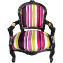 Fauteuil baroque enfant tissu rayé multicolore avec bois laqué noir