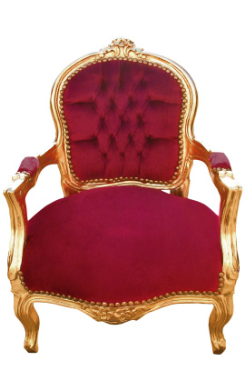 Poltrona barocca per bambino burgundy velluto rosso e legno d'oro