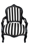 Fauteuil baroque enfant tissu rayé noir et blanc avec bois laqué noir