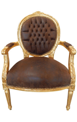 Barokke stoel Louis XVI stijl chocolade valse suede stof en goud hout