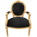 Fauteuil Louis XVI de style baroque velours noir et bois doré