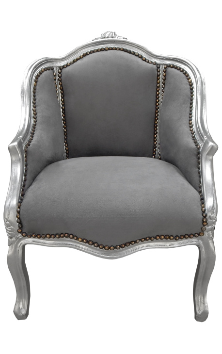 Bergere fåtölj Louis XV-stil grå sammet och silverträ