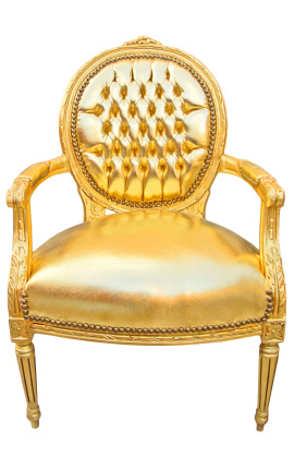 Baroque armchair Louis XVI style medallion in false gold skin leather and gold wood.