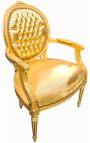 Baroque armchair Louis XVI style medallion in false gold skin leather and gold wood.