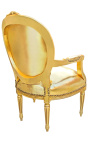 Baroque armchair Louis XVI style medallion in false gold skin leather and gold wood.