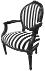 Baroque armchair Louis XVI black and white striped and black wood