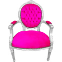 Barok lænestol i Louis XVI stil rosa fuchsia fløjl og forsølvet træ