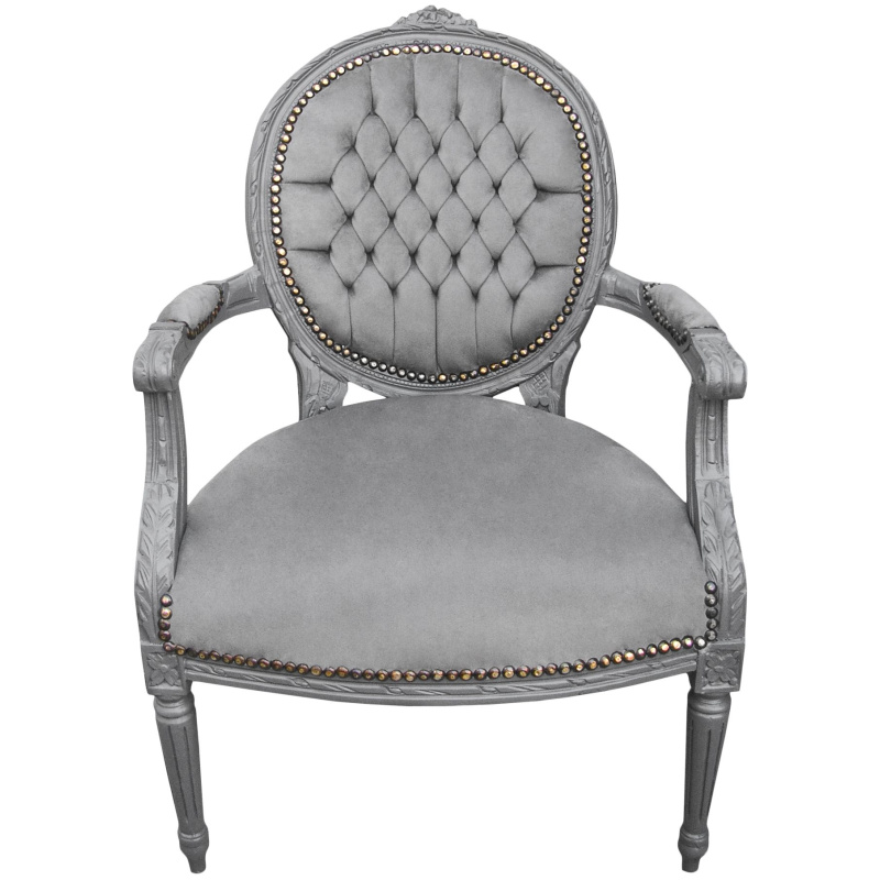 Louis XV armchair gray velvet fabric - Solid wood style seating