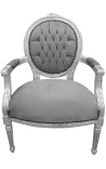 Baroque armchair Louis XVI style grey velvet and silvered wood