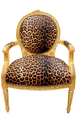 Barokksessel Louis XVI leopard stoff og gull tre