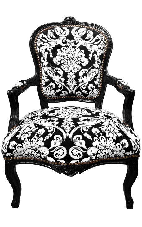 groep Nieuwsgierigheid Opa Barokke fauteuil Lodewijk XV-stijl met witte gebloemde stof, zwart hout