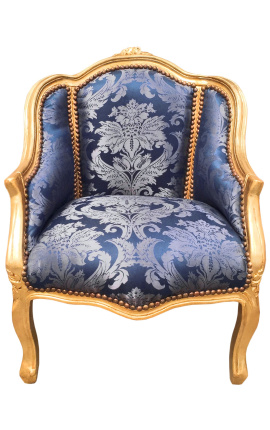 Bergere kreslo Louis XV štýl modrá "Kobule" saténová tkanina a zlaté drevo