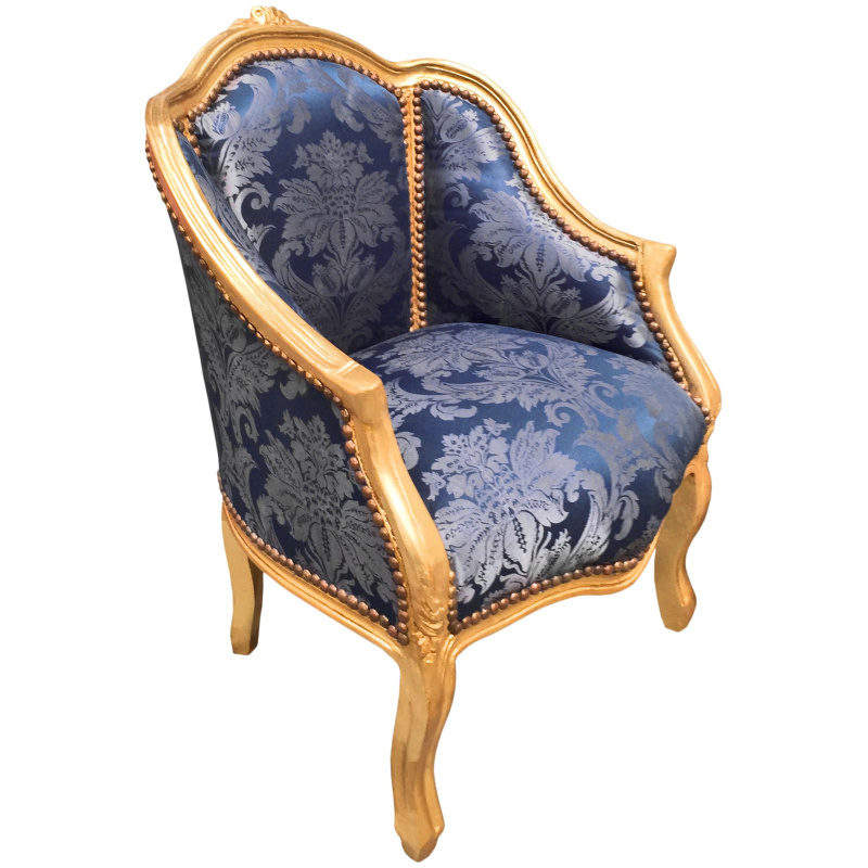 Antique French Louis XV Style Bergere Chair W Scalamandre Blue Silk Velvet