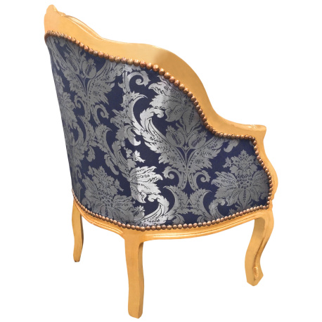 Baroque bergère armchair Louis XV style Gobelins blue satin fabric gold wood