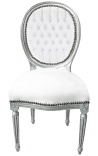 Silla de estilo Luis XVI de cuero blanco y madera plateada