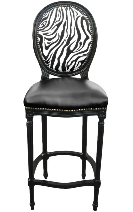 Barová stolička štýlu Louis XVI. zebra a čierna falošná koža s čiernym lakovaným drevom