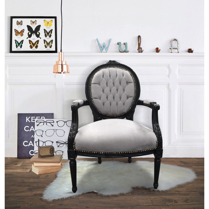 Chair Louis XVI style black and gray stripes with black velvet