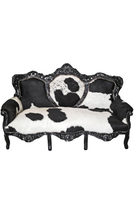 Sofá barroco de vaca real blanco y negro, brillante madera negra