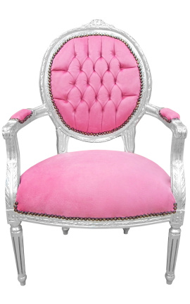 Poltrona barocca Louis XVI stile velluto rosa e legno argento