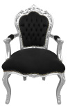 Fauteuil de style Baroque Rococo tissu velours noir et bois argent