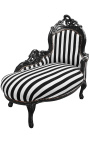 Chaise longue barocca in tessuto a righe bianche e nere e legno nero