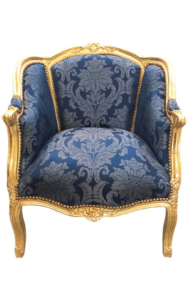 Veľký bergere kreslo Louis XV štýl modrá "Kobule" saténová tkanina a zlaté drevo