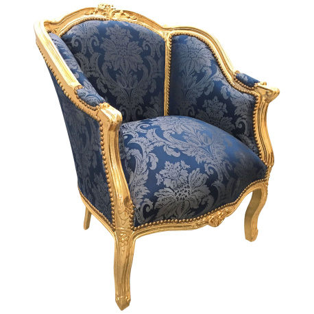 Baroque bergère armchair Louis XV style Gobelins blue satin fabric gold wood
