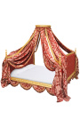 Cama de dossel Royal Baroque em tecido "Gobelins" vermelho e madeira dourada