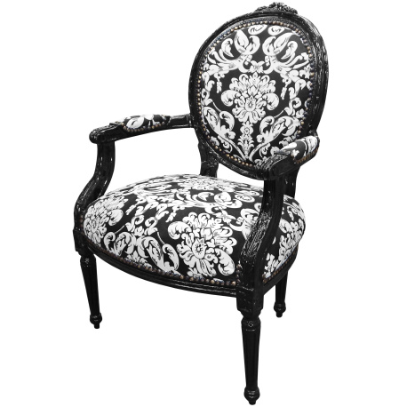 Baroque armchair Louis XVI style with white floral fabric, black wood