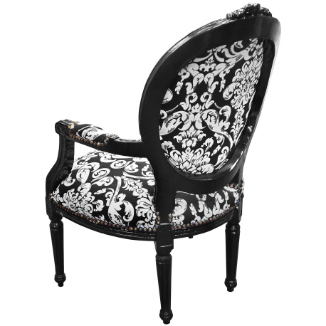 Baroque armchair Louis XVI style with white floral fabric, black wood