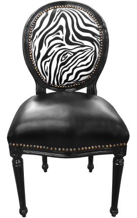 Louis XVI štýl stoličky zebra a čierna falošná koža s čiernym lakovaným drevom