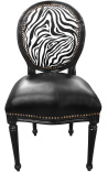 Cadeira estilo Louis XVI couro sintético preto, encosto zebra e madeira preta