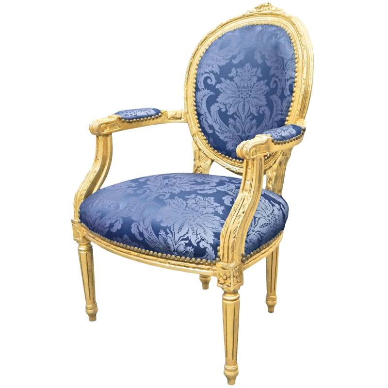 Pair of French Louis XVI Style Beechwood and Blue Silk Cabriolet