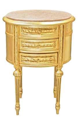 Nočný stolík (Pri posteli) bubnové oválne zlaté drevo 3 zásuvky a béžový mramor
