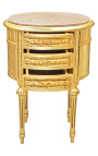 Nočný stolík (Pri posteli) bubnové oválne zlaté drevo 3 zásuvky a béžový mramor