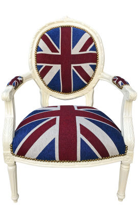 Butaca Louis XVI en tela barroca "Union Jack" i fusta beix