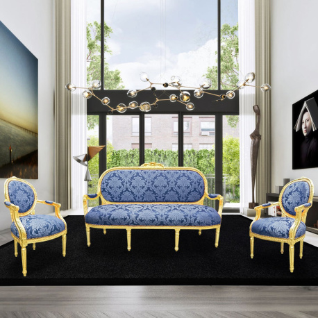 Baroque bergère armchair Louis XV style Gobelins blue satin fabric gold wood