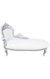 Grande chaise longue barocca in tessuto ecopelle bianco e legno argento