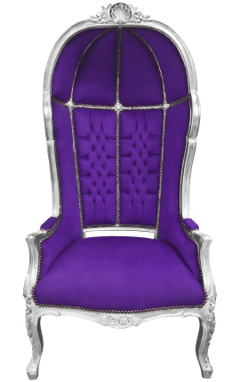 Cadeira estilo barroco de grande porte de veludo roxo e madeira de prata