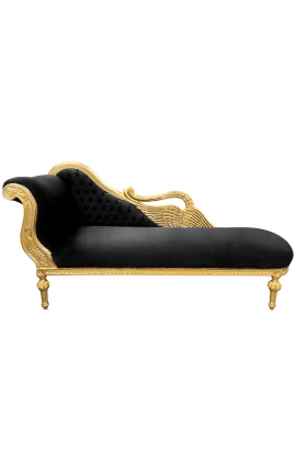 Grande chaise longue barocco con un velluto nero cigno e legno d'oro