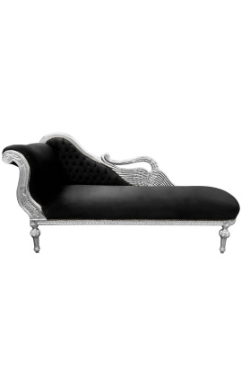 Grande chaise longue barocco con un velluto nero cigno e legno d'argento