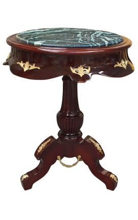 Tavolo rotondo in stile impero in mogano, bronzo e marmo verde