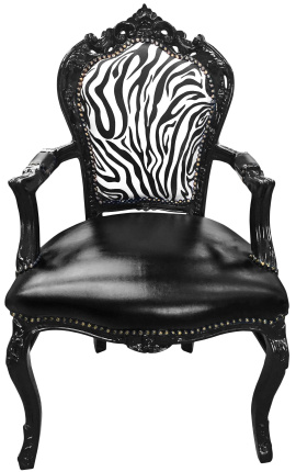 Krčma Barokový rococo štýl stolička zebra a čierna koženka s lesnatým čiernym drevom