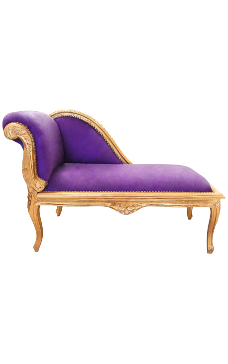 Louis XV chaise longue fialová sametová tkanina a zlaté drevo